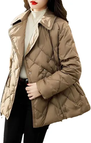 Women's Lapel Slim Fitting Short Cotton-Padded Jacket Classic Quilted Drawstring Parka Coat