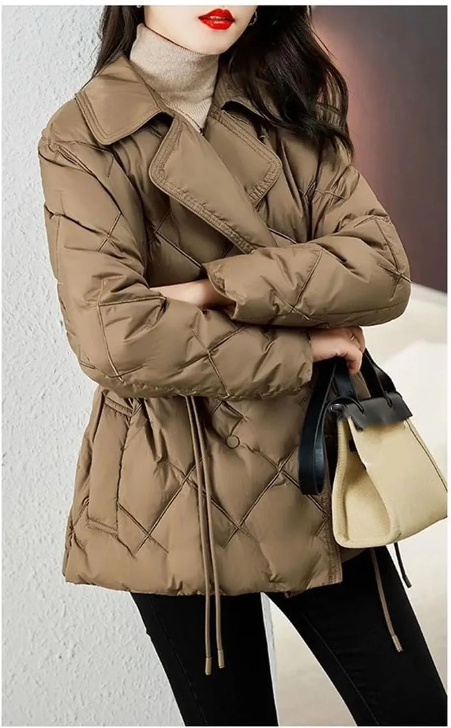 Women's Lapel Slim Fitting Short Cotton-Padded Jacket Classic Quilted Drawstring Parka Coat