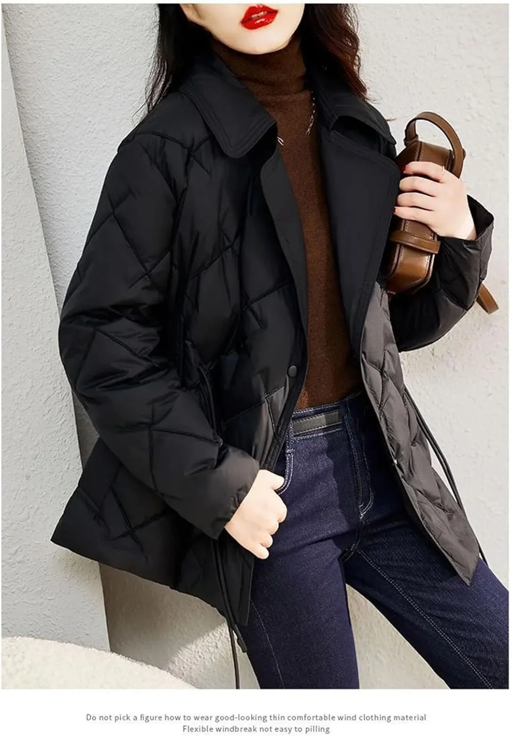 Women's Lapel Slim Fitting Short Cotton-Padded Jacket Classic Quilted Drawstring Parka Coat