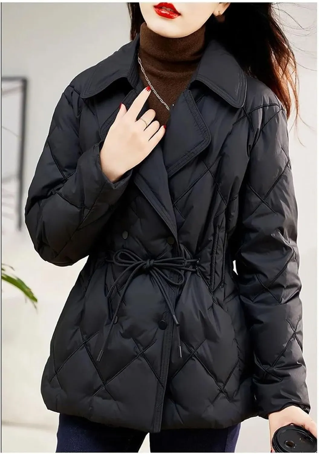 Women's Lapel Slim Fitting Short Cotton-Padded Jacket Classic Quilted Drawstring Parka Coat