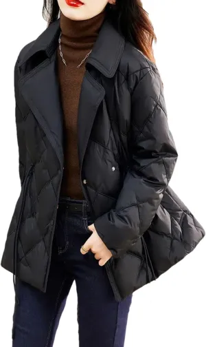 Women's Lapel Slim Fitting Short Cotton-Padded Jacket Classic Quilted Drawstring Parka Coat