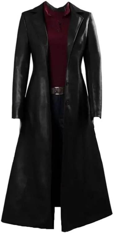 Womens Leather Trench Coat Ladies PU Leather Maxi Coat Lapel Faux Leather Long Trench Coat