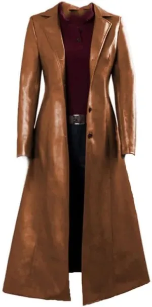 Womens Leather Trench Coat Ladies PU Leather Maxi Coat Lapel Faux Leather Long Trench Coat
