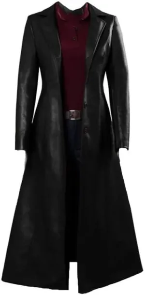 Womens Leather Trench Coat Ladies PU Leather Maxi Coat Lapel Faux Leather Long Trench Coat