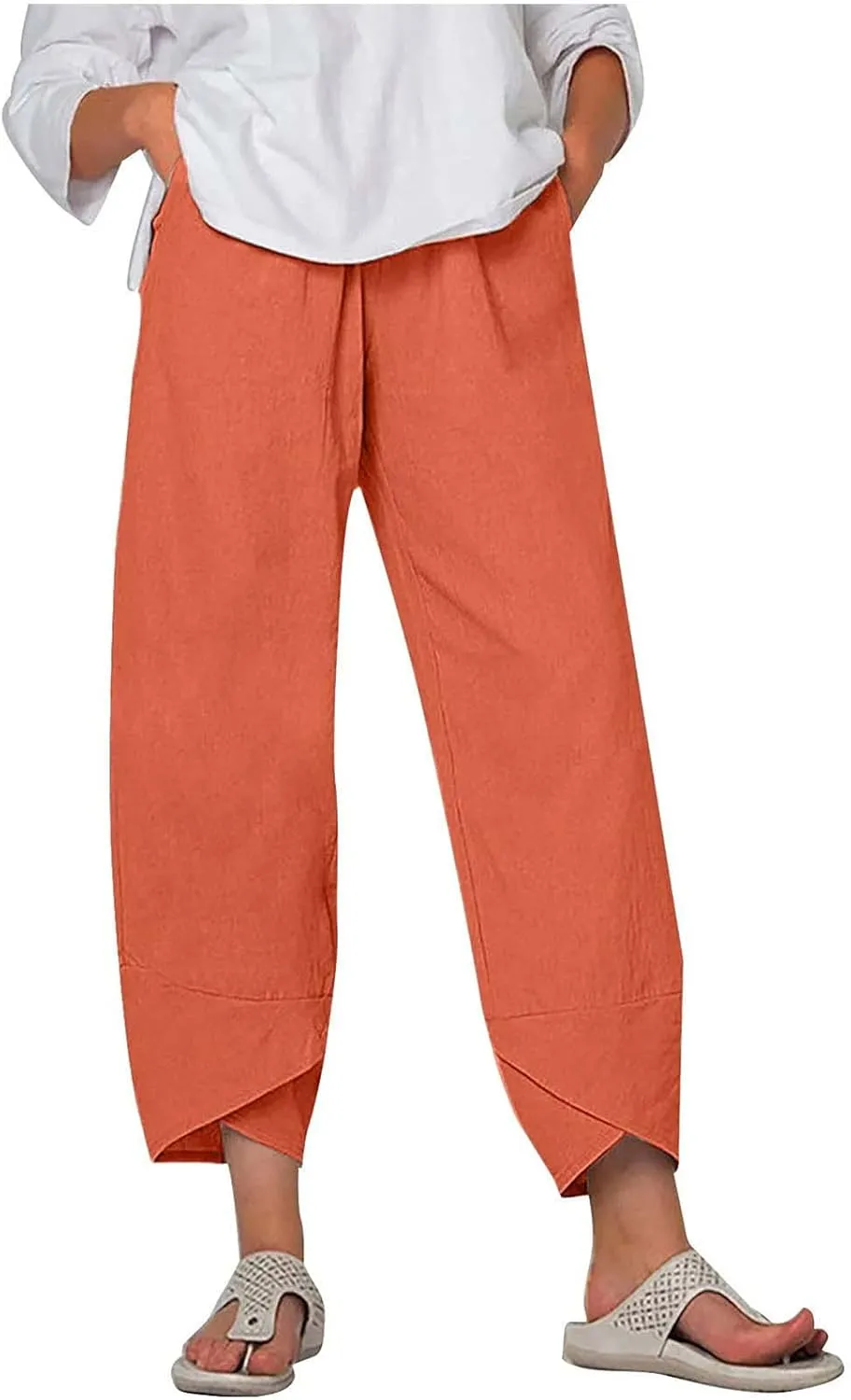 Womens Linen Pants Summer Beach High Waisted Oversized Cropped Pants Casual Loose Fit Trousers 2025 Vacation Clothes