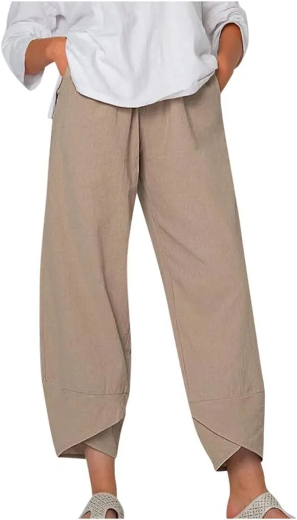 Womens Linen Pants Summer Beach High Waisted Oversized Cropped Pants Casual Loose Fit Trousers 2025 Vacation Clothes