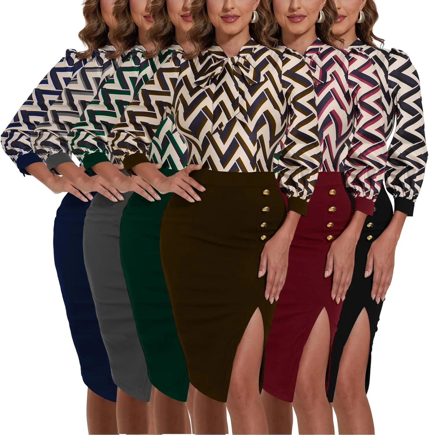 Women's Long Sleeve Bodycon Midi Dresses Office Work Pencil Dress