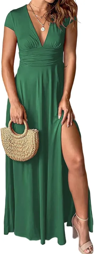 Women's Maxi Dress Deep V-Neck Long Skirt Pleated High Waist Split Dresses Short Sleeve Club Party Evening Dress