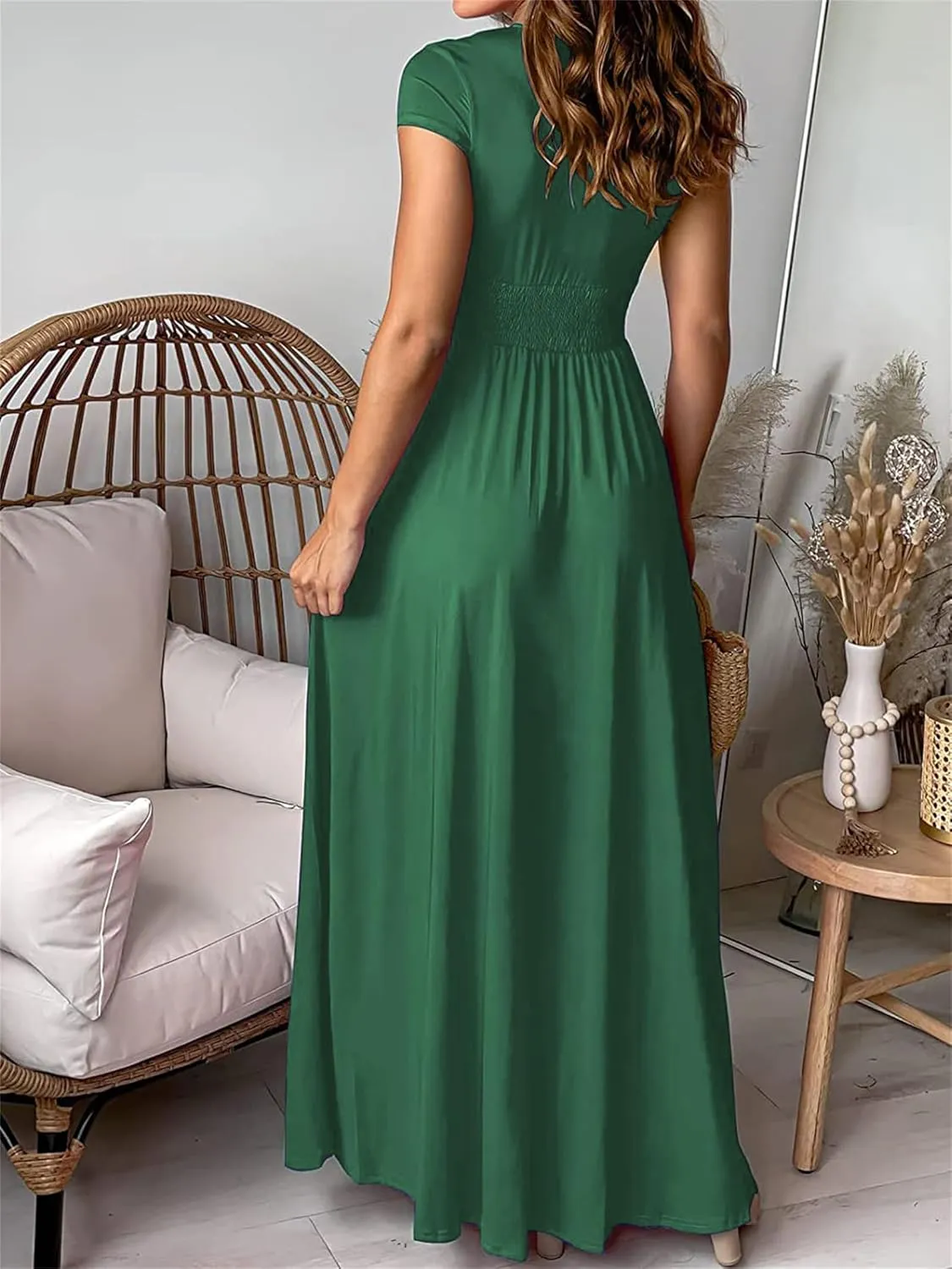 Women's Maxi Dress Deep V-Neck Long Skirt Pleated High Waist Split Dresses Short Sleeve Club Party Evening Dress