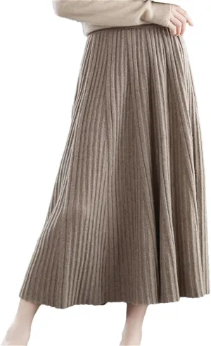 Women's Merino Wool Knit Skirt Pleated High Waist Stretch A Line Solid Color Midi Skirts