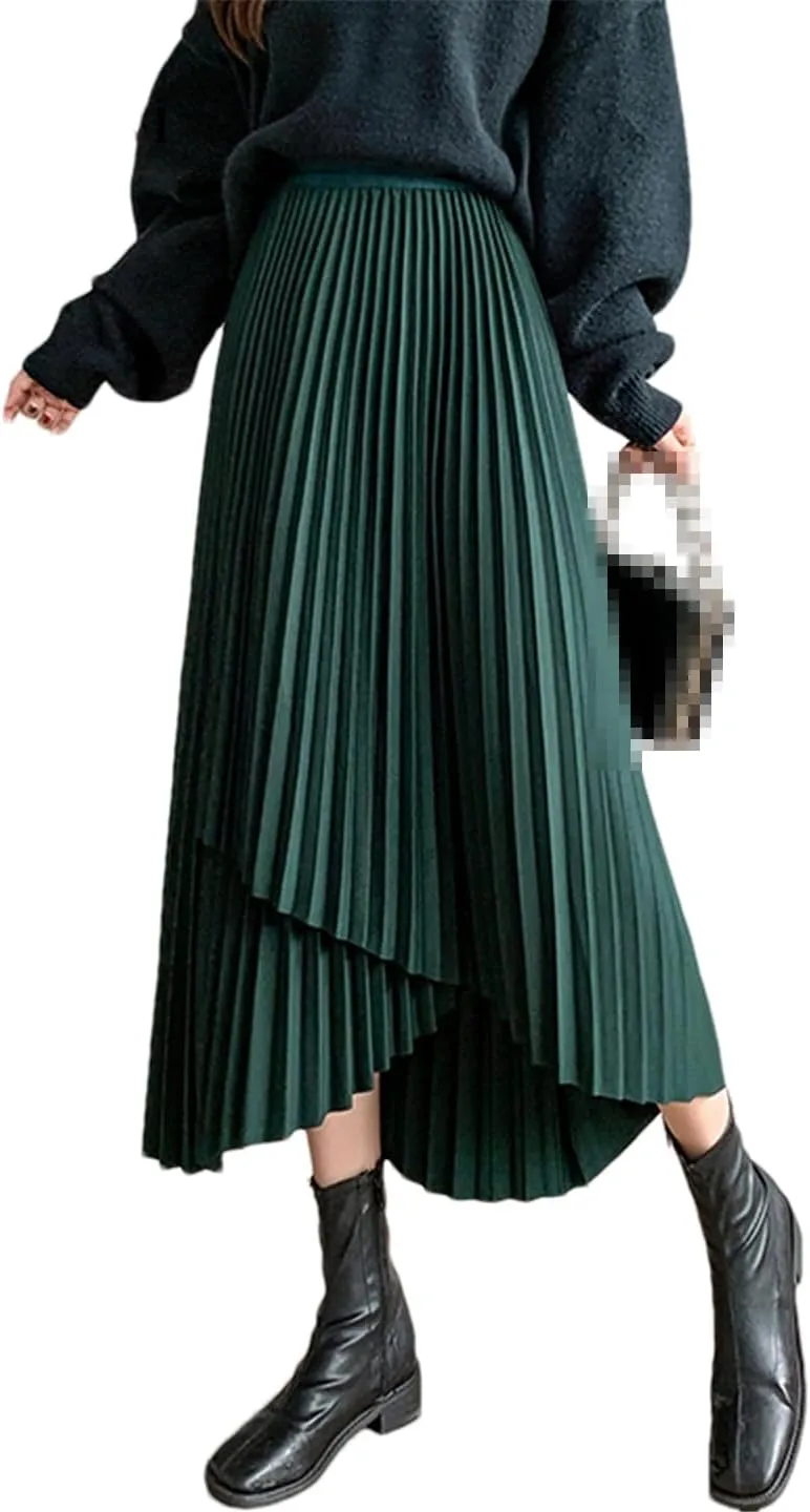 Women's Midi Pleated Skirt Asymmetrical Slim Elastic Waist Vintage A-Line Skirts