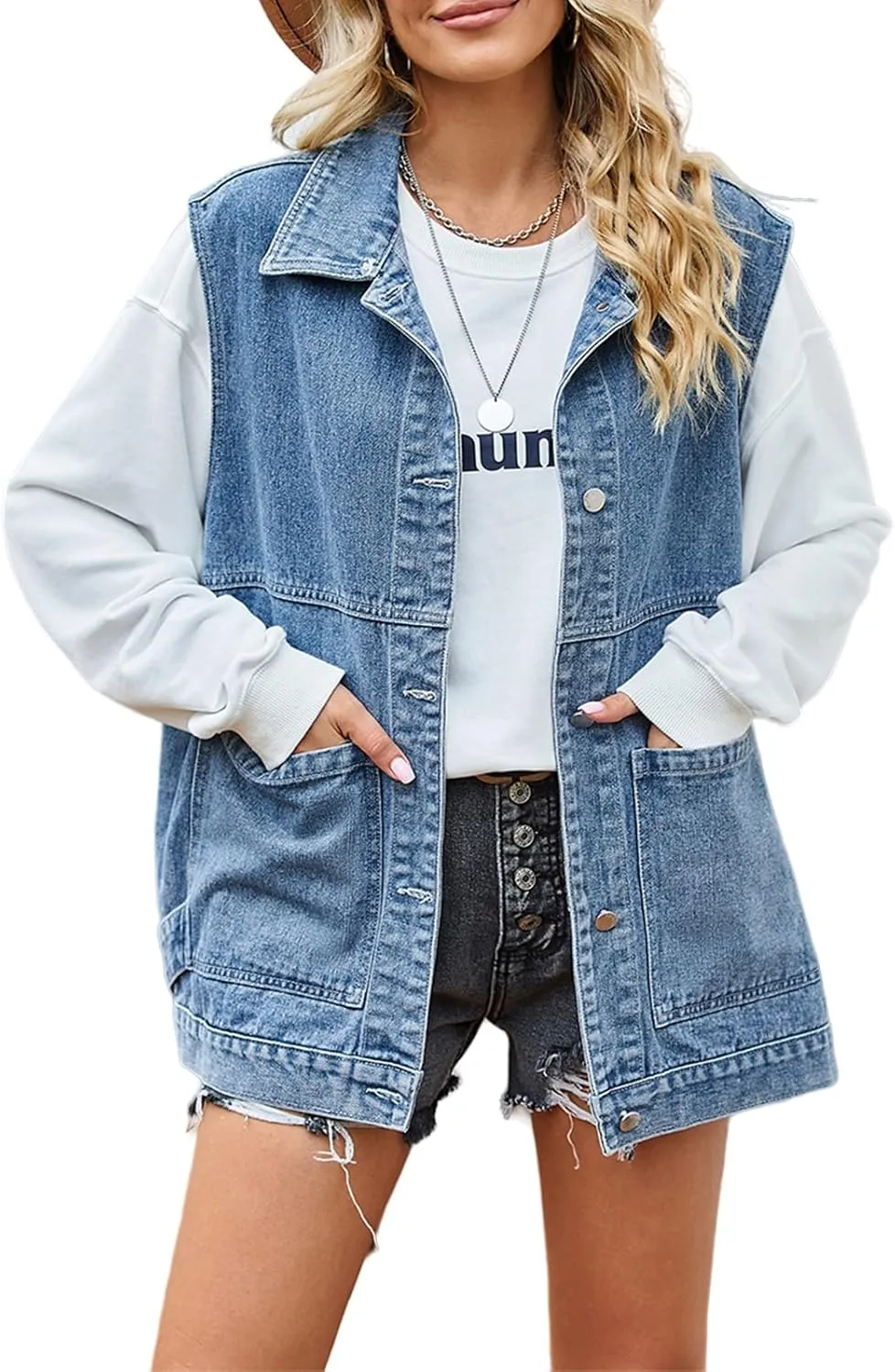 Womens Oversized Denim Vest Hooded Button Down Sleeveless Coats Drop Shoulder Washed Distressed Jean Vest Jacket