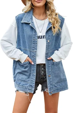 Womens Oversized Denim Vest Hooded Button Down Sleeveless Coats Drop Shoulder Washed Distressed Jean Vest Jacket