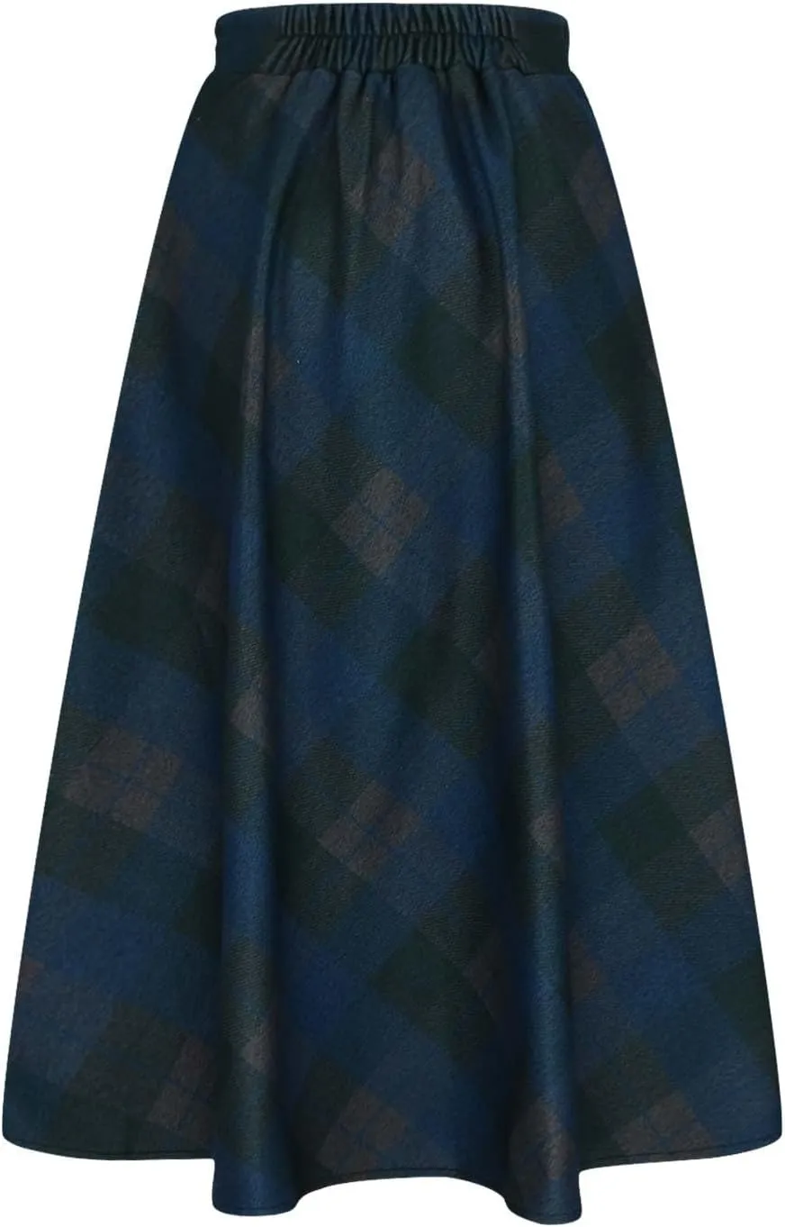 Women's Plaid Skirt 2024 Trendy Elastic Waist Wool Tartan A-Line Pleated Midi Skirts Comfy Winter Warm Long Skirts