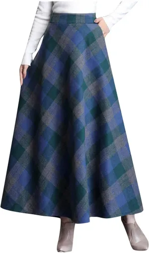 Women's Plaid Skirt 2024 Trendy Elastic Waist Wool Tartan A-Line Pleated Midi Skirts Comfy Winter Warm Long Skirts