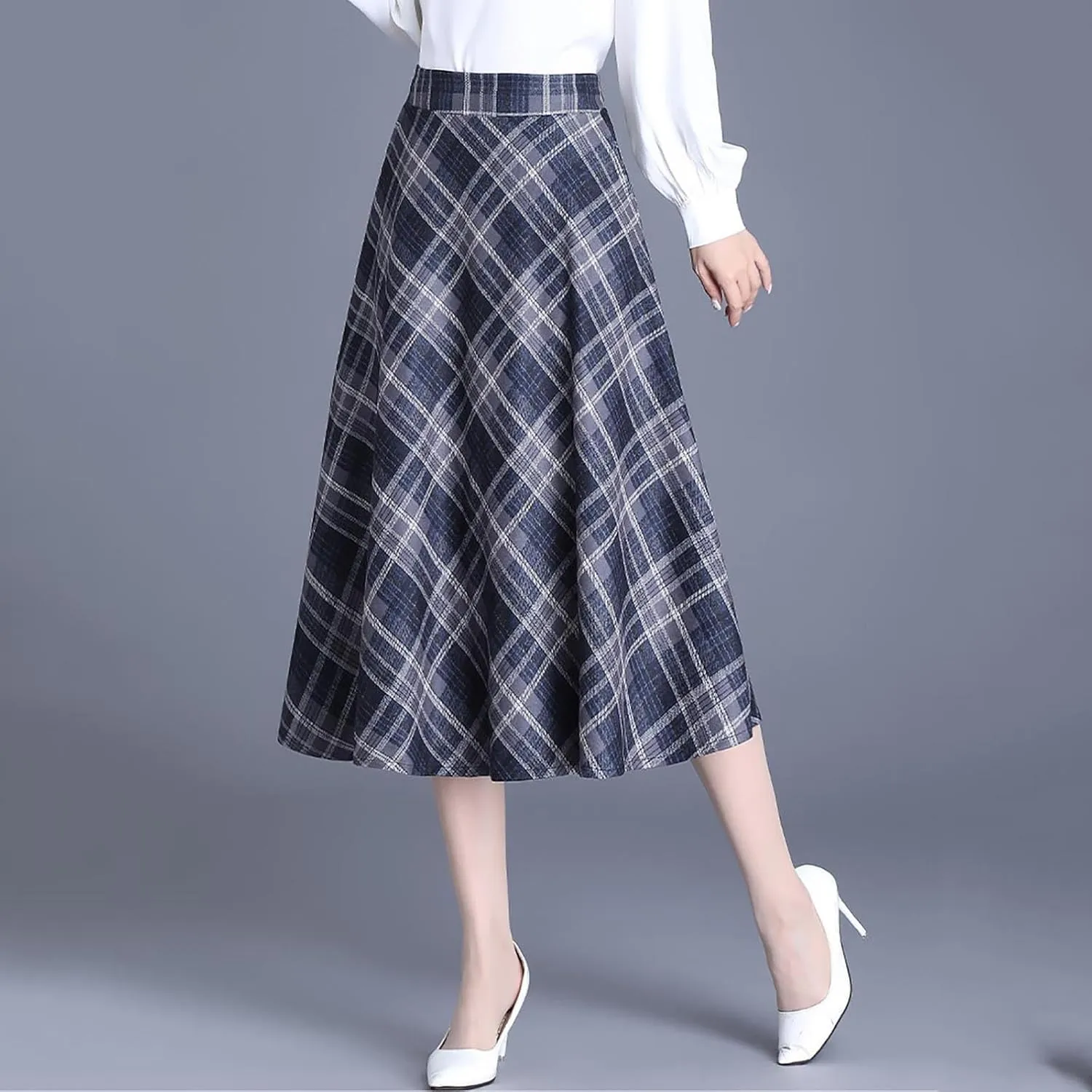 Women's Plaid Skirt Warm Elastic High Waist Wool A-Line Pleated Tartan Winter Long Skirts Casual Flared Midi Skirts