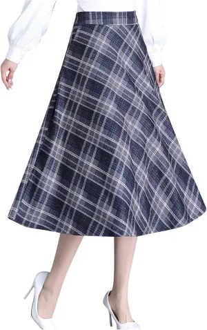Women's Plaid Skirt Warm Elastic High Waist Wool A-Line Pleated Tartan Winter Long Skirts Casual Flared Midi Skirts