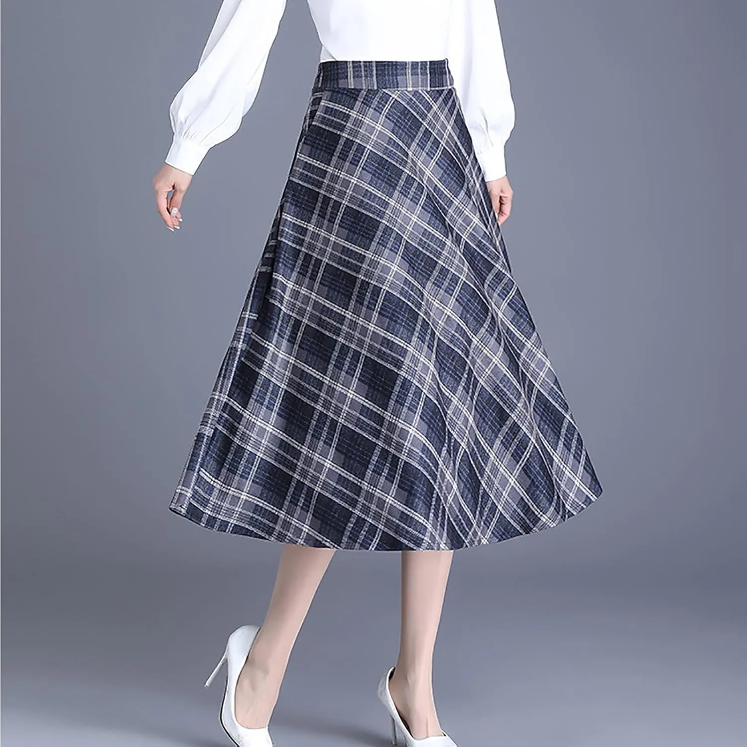 Women's Plaid Skirt Warm Elastic High Waist Wool A-Line Pleated Tartan Winter Long Skirts Casual Flared Midi Skirts