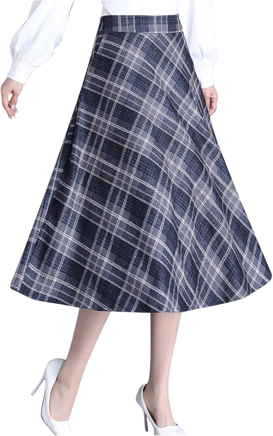 Women's Plaid Skirt Warm Elastic High Waist Wool A-Line Pleated Tartan Winter Long Skirts Casual Flared Midi Skirts