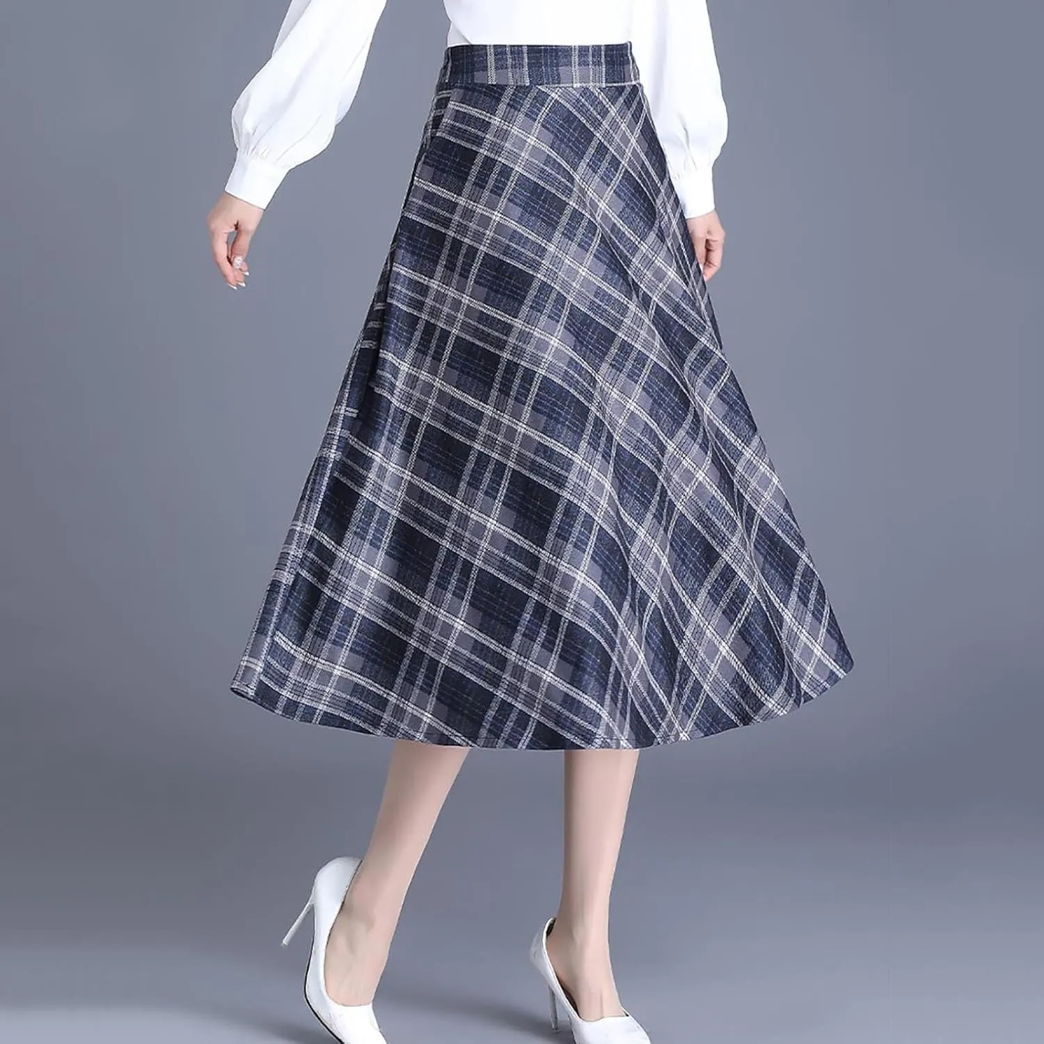 Women's Plaid Skirt Warm Elastic High Waist Wool A-Line Pleated Tartan Winter Long Skirts Casual Flared Midi Skirts