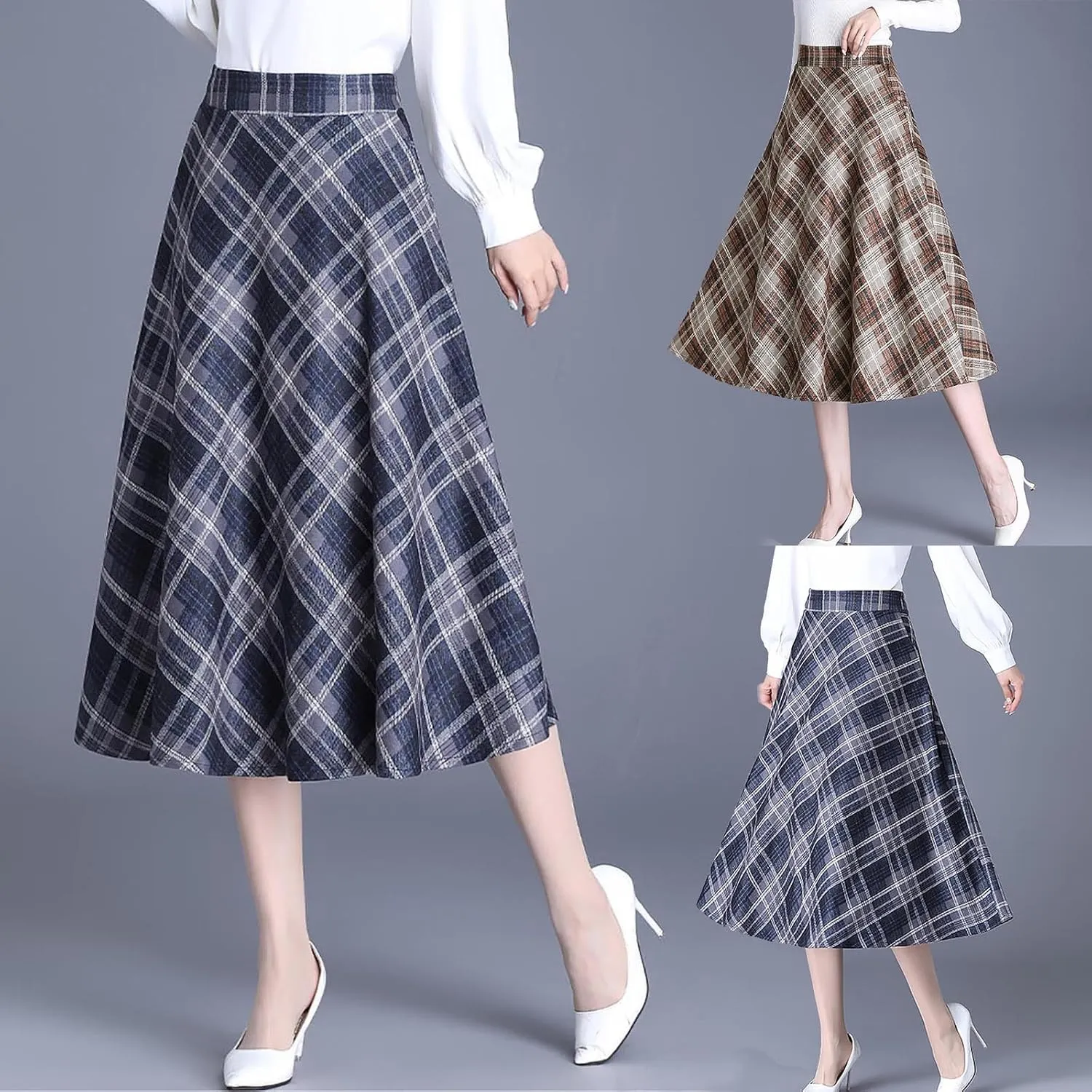 Women's Plaid Skirt Warm Elastic High Waist Wool A-Line Pleated Tartan Winter Long Skirts Casual Flared Midi Skirts