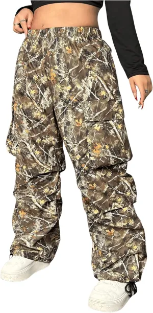 Women's Plus Size Camo Cargo Pants Wide Leg Elastic Waist Long Trousers Streetwear with Pocket