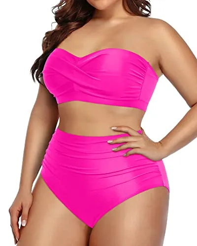 Women's Plus Size Two Piece Bandeau Bikini Tummy Control Swimwear-Neon Pink