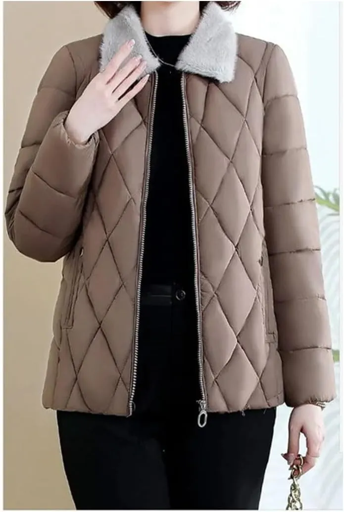 Women's Plush Lapel Short Warm Cotton-Padded Jacket Loose Classic Spliced Parka Coat
