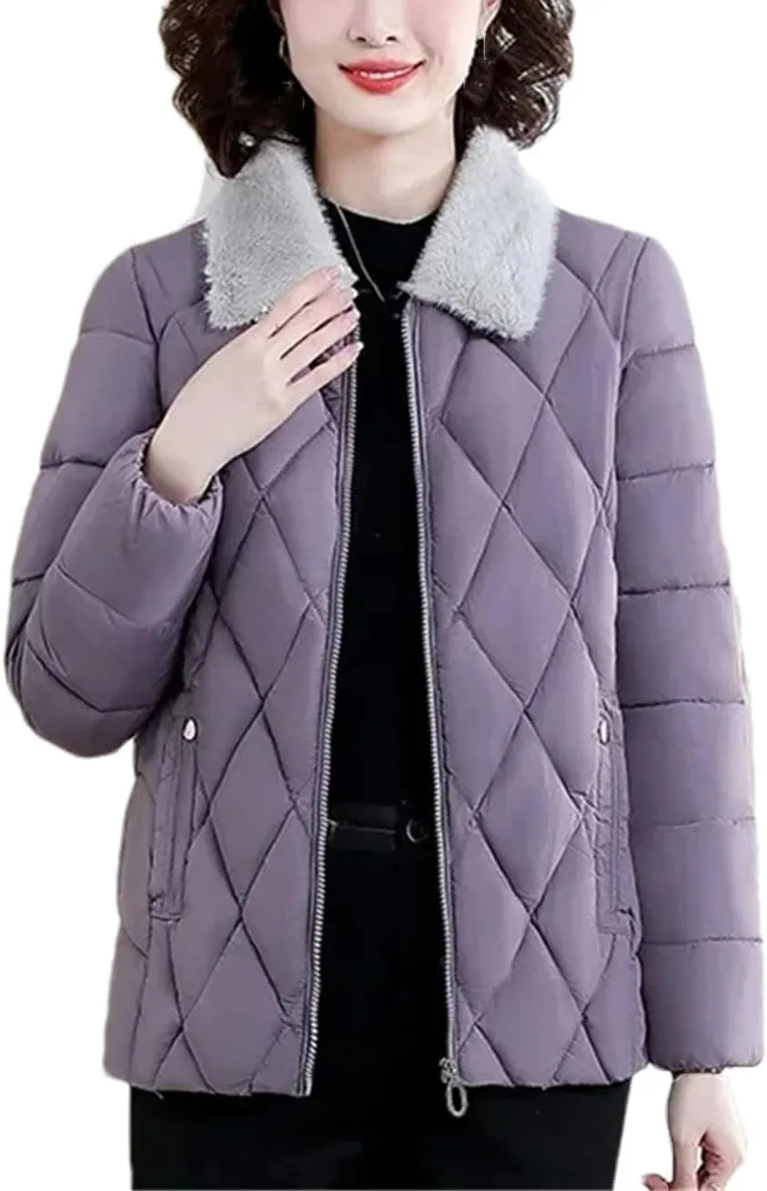 Women's Plush Lapel Short Warm Cotton-Padded Jacket Loose Classic Spliced Parka Coat