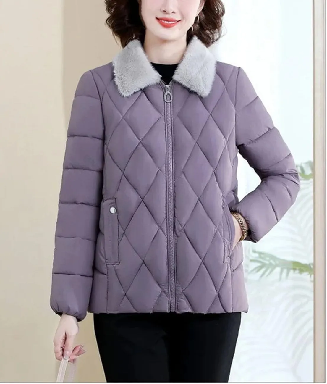 Women's Plush Lapel Short Warm Cotton-Padded Jacket Loose Classic Spliced Parka Coat