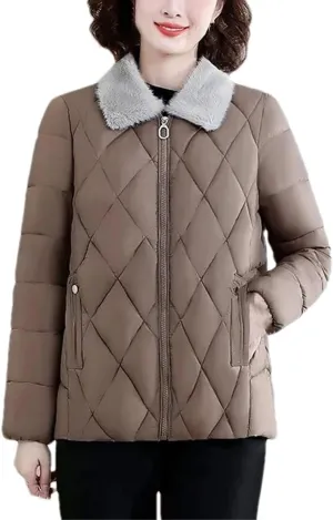 Women's Plush Lapel Short Warm Cotton-Padded Jacket Loose Classic Spliced Parka Coat