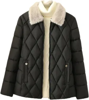 Women's Plush Lapel Short Warm Cotton-Padded Jacket Loose Classic Spliced Parka Coat