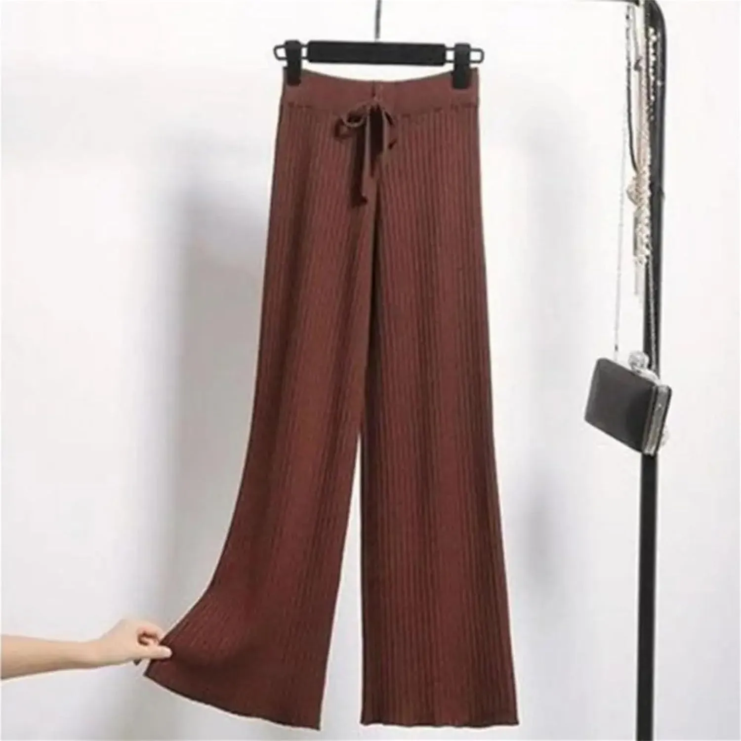 Women's Ribbed Wide Leg Pants Elastic High Waist Trousers Drawstring for Winter Knitted Elastic Pants