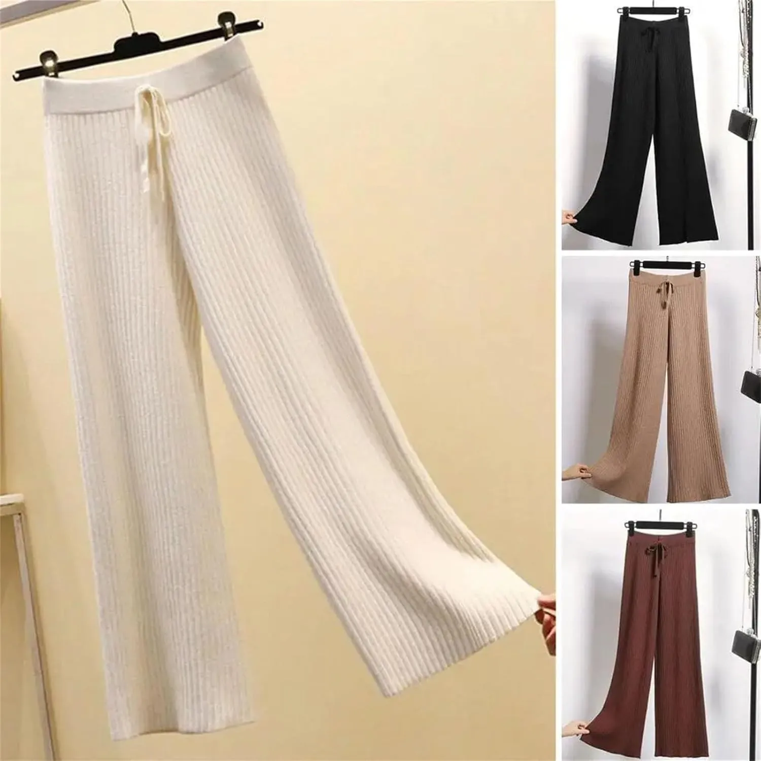 Women's Ribbed Wide Leg Pants Elastic High Waist Trousers Drawstring for Winter Knitted Elastic Pants