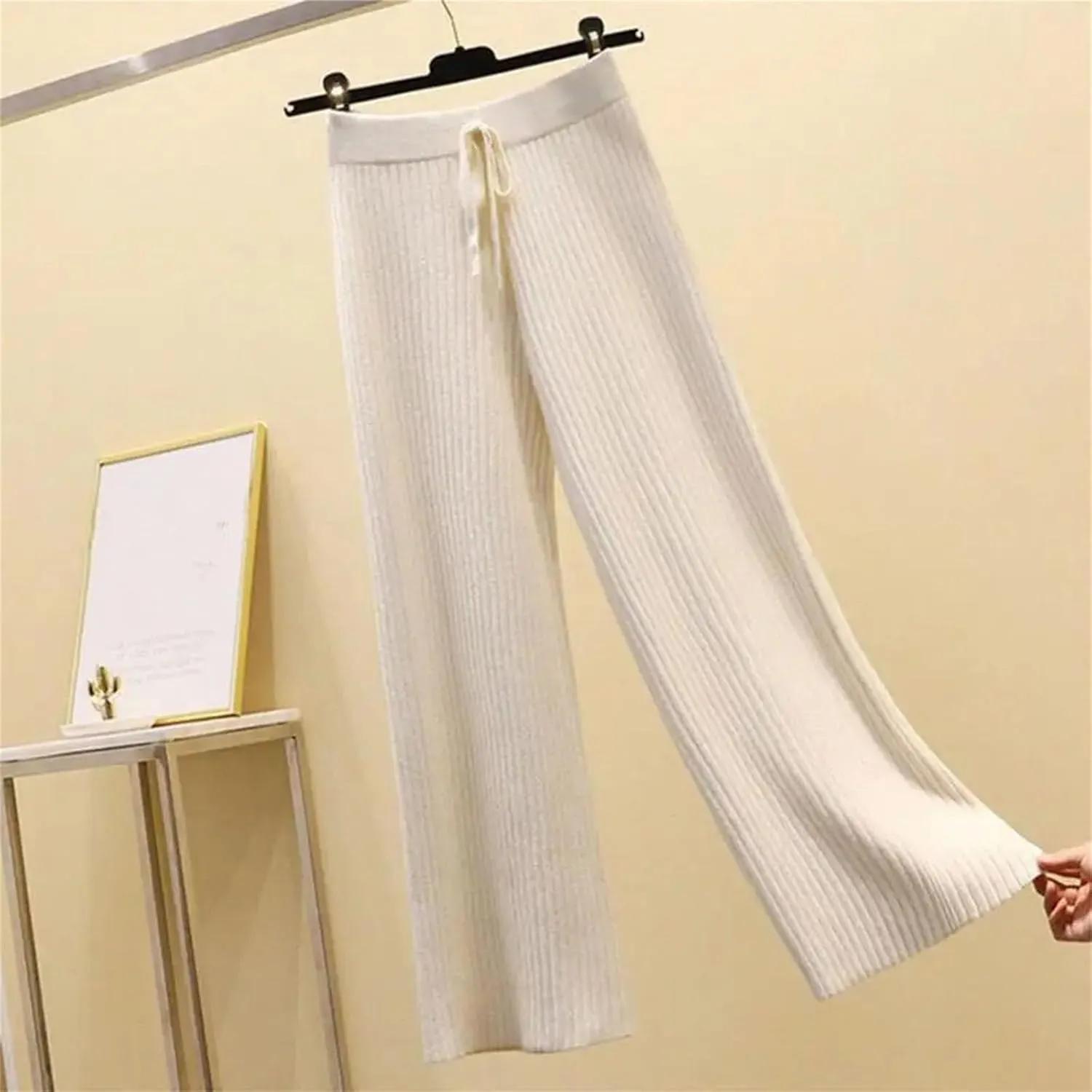Women's Ribbed Wide Leg Pants Elastic High Waist Trousers Drawstring for Winter Knitted Elastic Pants
