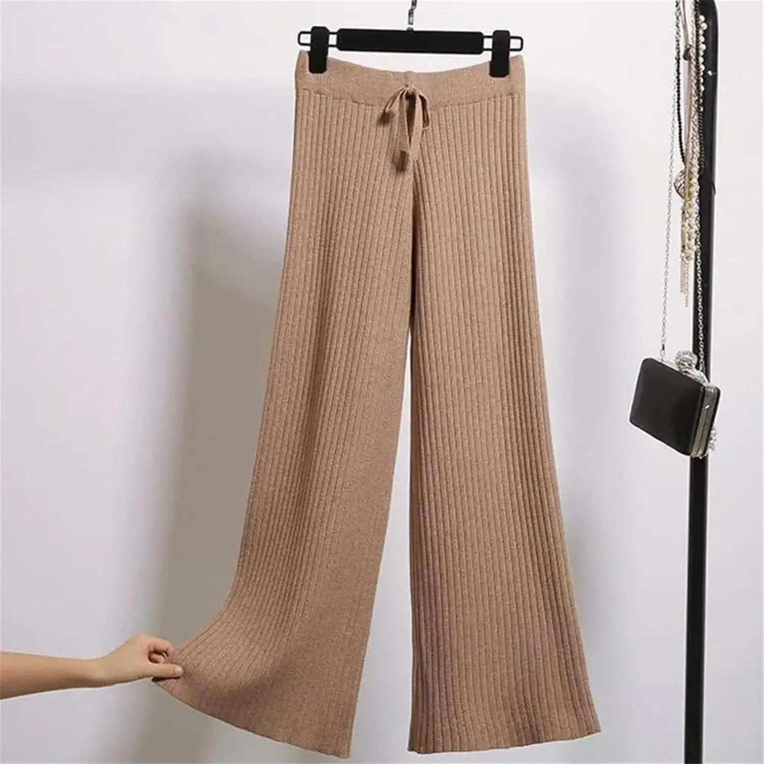 Women's Ribbed Wide Leg Pants Elastic High Waist Trousers Drawstring for Winter Knitted Elastic Pants