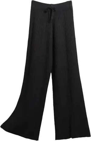 Women's Ribbed Wide Leg Pants Elastic High Waist Trousers Drawstring for Winter Knitted Elastic Pants