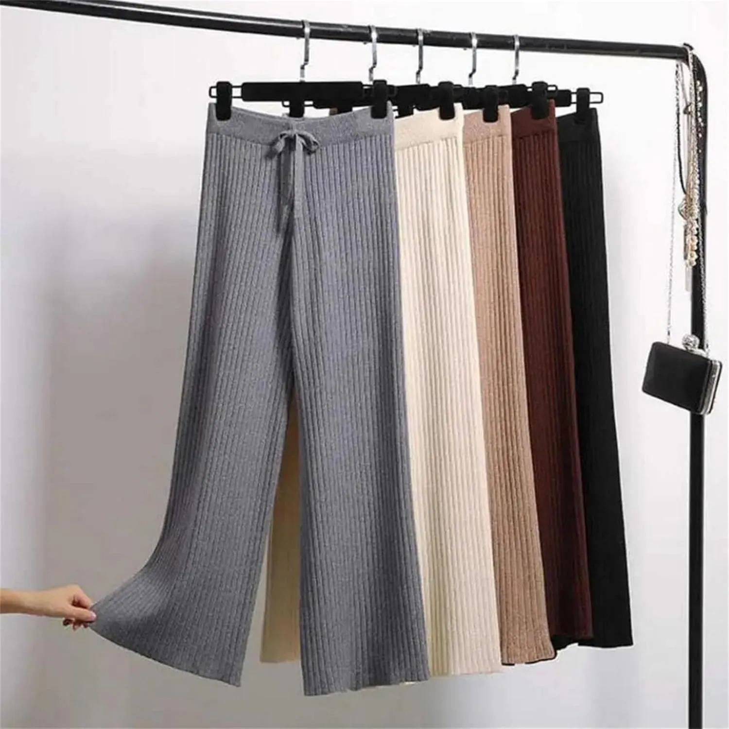 Women's Ribbed Wide Leg Pants Elastic High Waist Trousers Drawstring for Winter Knitted Elastic Pants