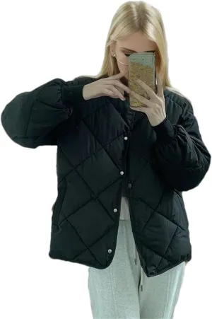 Women's Round Neck Solid Cotton-Padded Jacket Classic Single Breasted Stripe Parka Coat