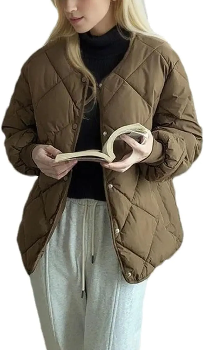 Women's Round Neck Solid Cotton-Padded Jacket Classic Single Breasted Stripe Parka Coat