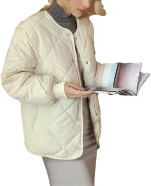 Women's Round Neck Solid Cotton-Padded Jacket Classic Single Breasted Stripe Parka Coat