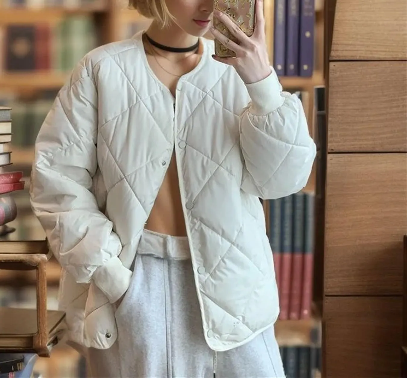 Women's Round Neck Solid Cotton-Padded Jacket Classic Single Breasted Stripe Parka Coat
