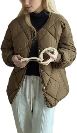 Women's Round Neck Solid Cotton-Padded Jacket Classic Single Breasted Stripe Parka Coat