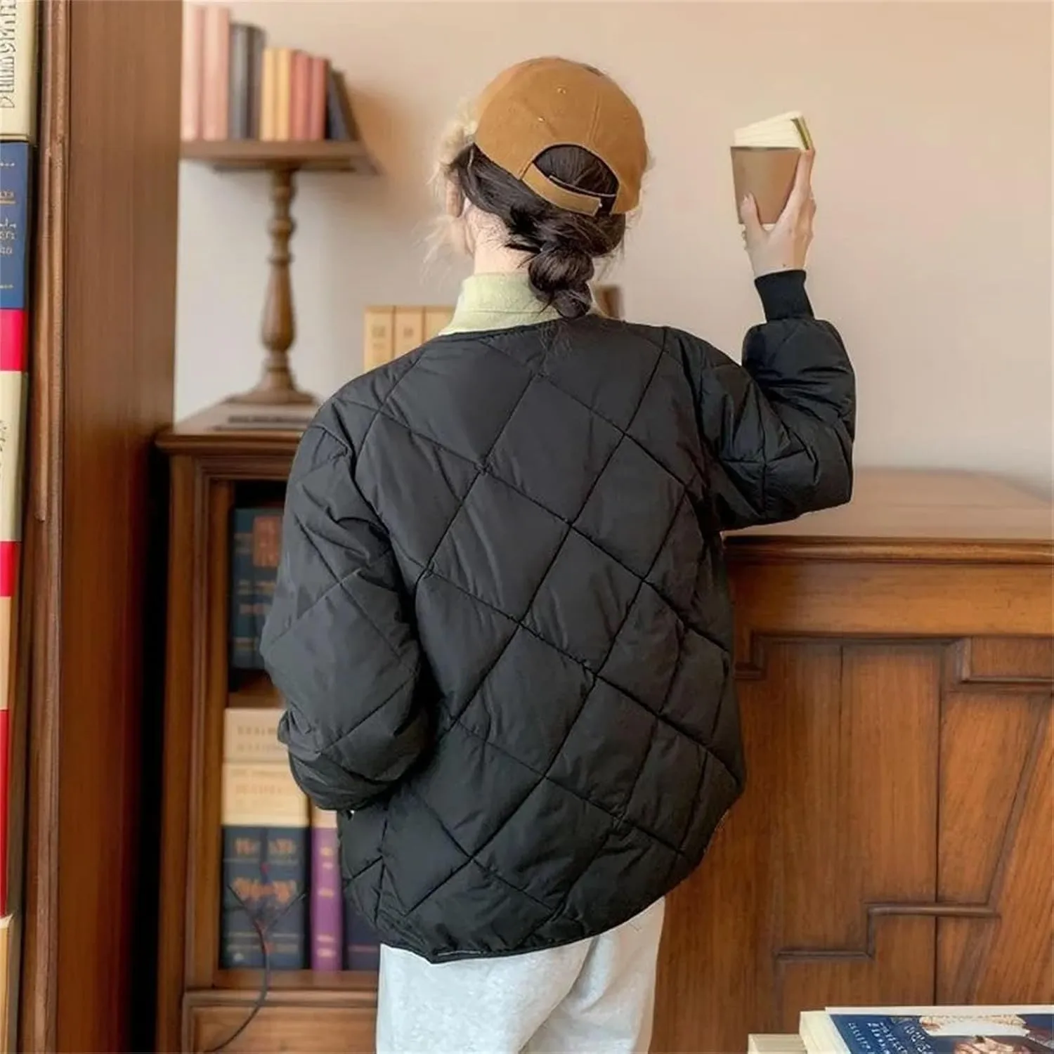 Women's Round Neck Solid Cotton-Padded Jacket Classic Single Breasted Stripe Parka Coat