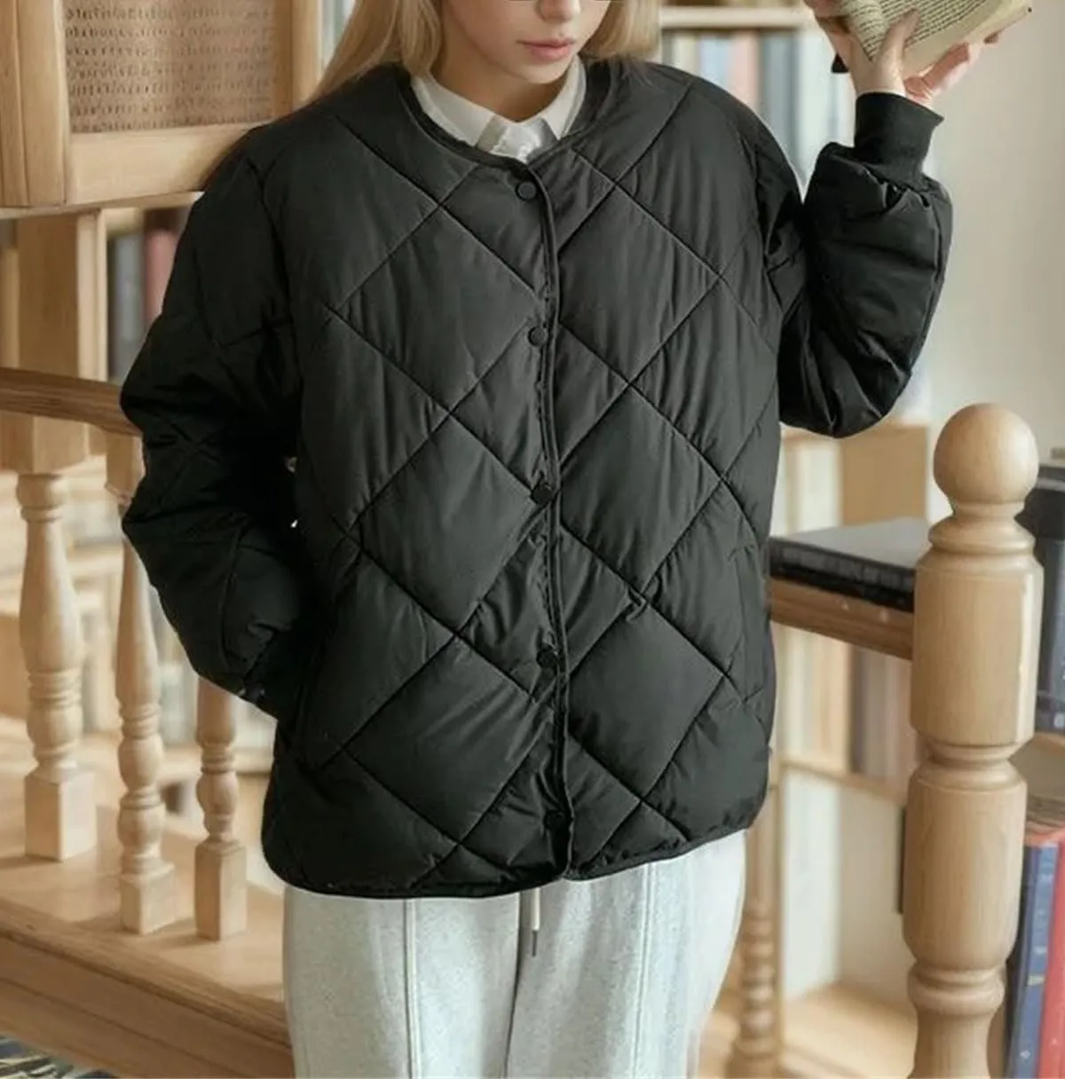 Women's Round Neck Solid Cotton-Padded Jacket Classic Single Breasted Stripe Parka Coat