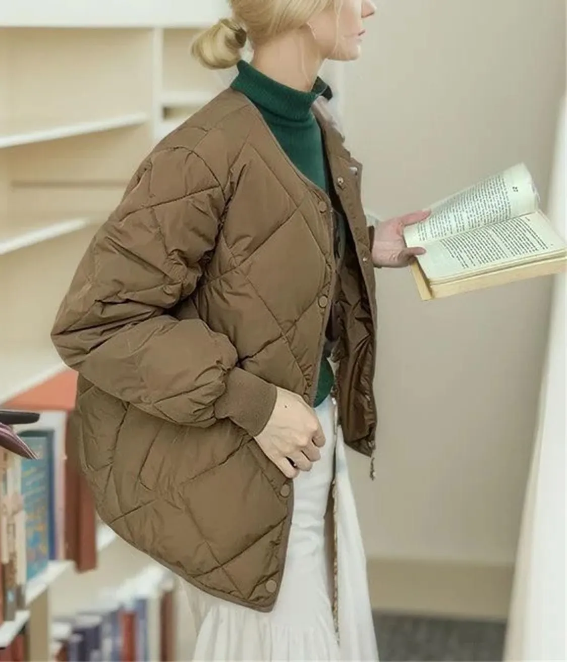 Women's Round Neck Solid Cotton-Padded Jacket Classic Single Breasted Stripe Parka Coat