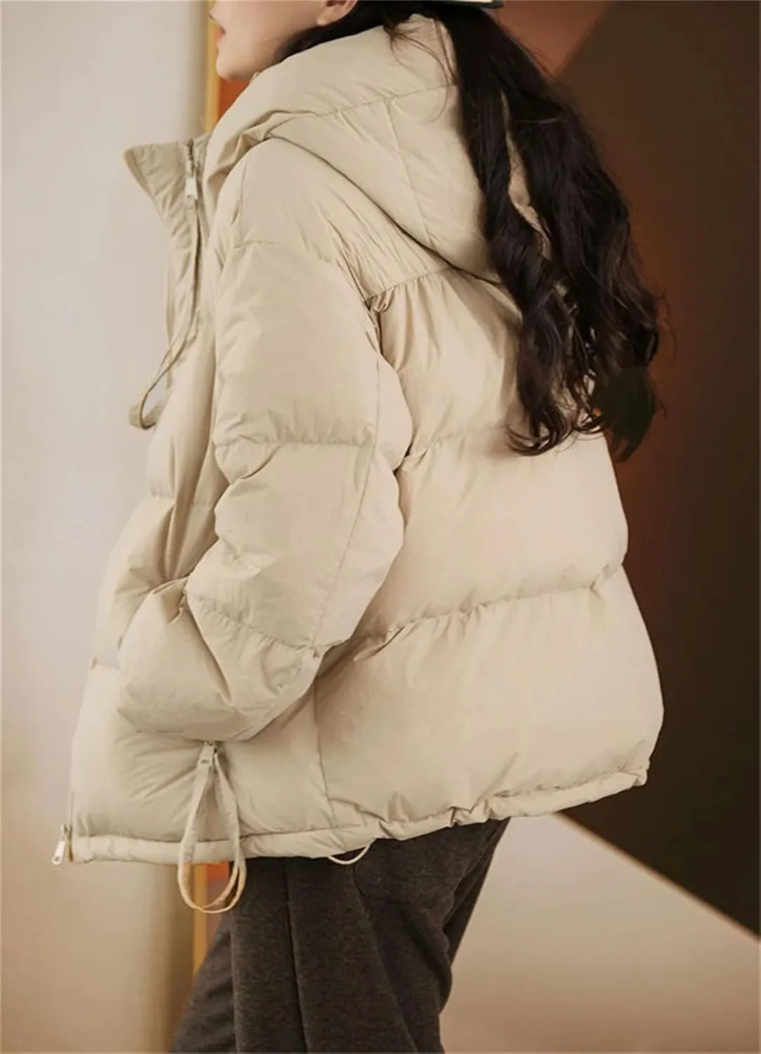 Women's Short Hooded Loose Cotton-Padded Jacket Classic Double Zipper Pockets Parka Coat