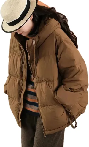 Women's Short Hooded Loose Cotton-Padded Jacket Classic Double Zipper Pockets Parka Coat