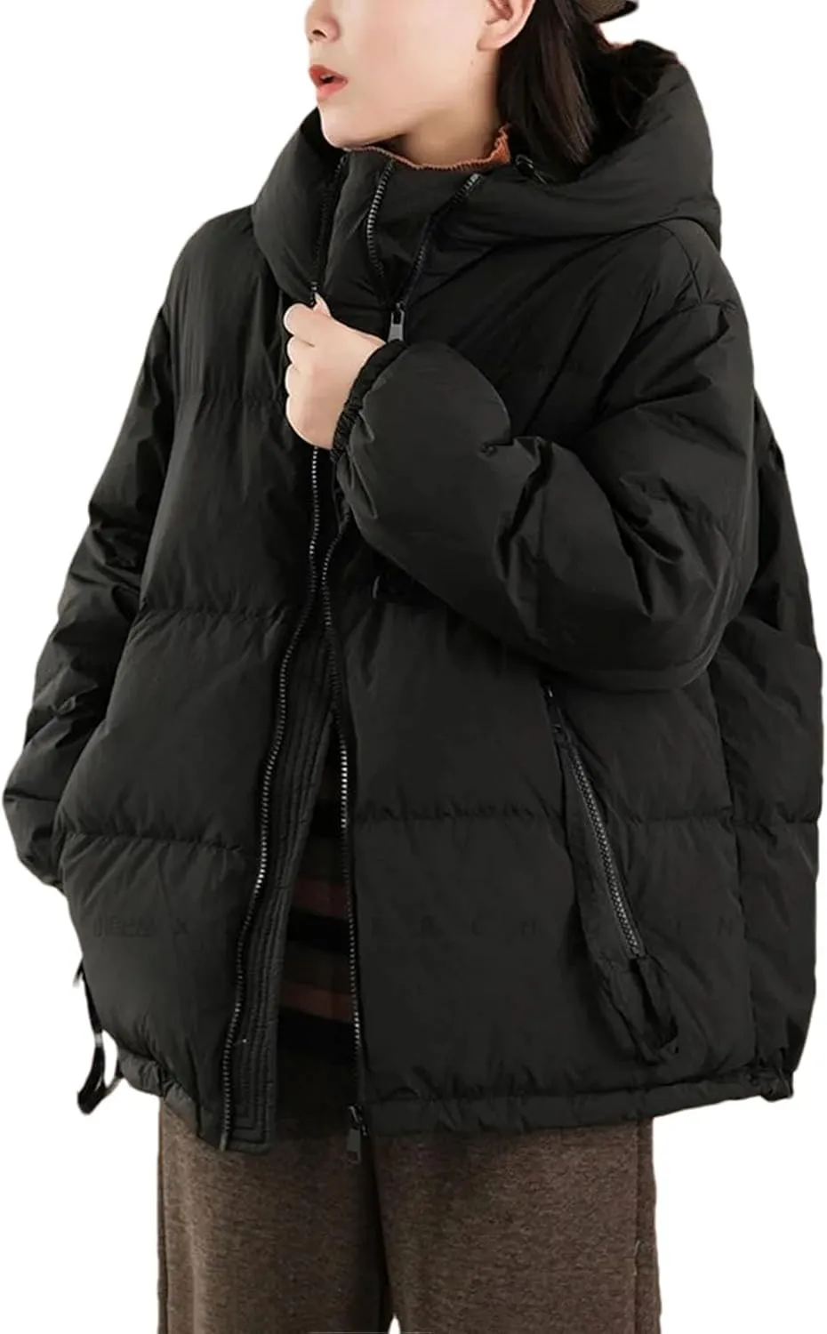 Women's Short Hooded Loose Cotton-Padded Jacket Classic Double Zipper Pockets Parka Coat