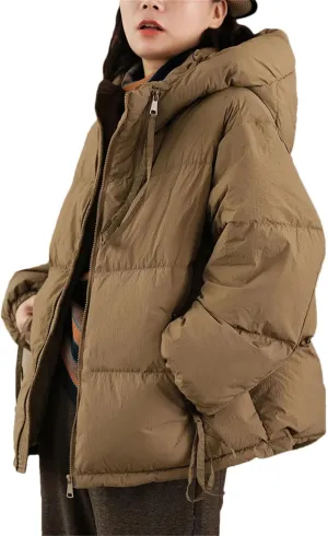 Women's Short Hooded Loose Cotton-Padded Jacket Classic Double Zipper Pockets Parka Coat